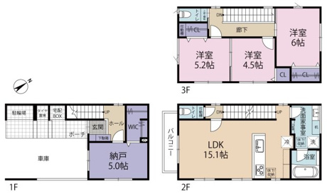 2Fは15.1LDKの団らん空間、家族時間を育てる間取りです。1Fに5帖納戸とWICを備え、荷物の整理もしやすい住まいです！
