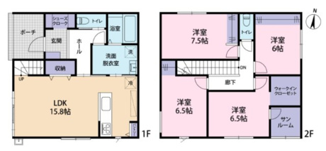2階の居室はすべて6帖以上とゆとり設計。天候や時間を気にせず洗濯物が干せるサンルームを完備。