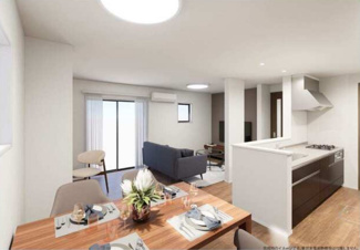 使い勝手のいいカウンターキッチン。家族の顔を見ながらお料理できます。床下収納あり。
※CG完成イメージです。