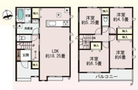 B号棟。LDKは約18.25畳の広さを確保しています。2階には洋室が4部屋ありそれぞれ収納スペースも充実。バルコニー付きで開放感があります。浴室や洗面室が1階にまとまっており家事動線がスムーズです。