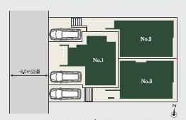 全体区画図では各区画の配置が分かりやすく描かれています。前面道路幅員が6.0ｍで車の出し入れもしやすくなっています。区画ごとに独立したスペースが確保されています。