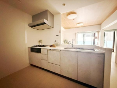明るい空間に調和したシンプルなキッチンです。作業スペースが広く使い勝手の良さが感じられます。換気扇やシンクの配置もすっきりしています。お手入れがしやすい設計です。