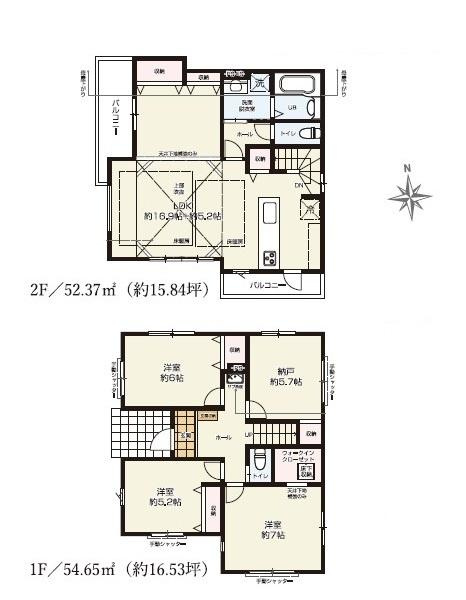 ゆとりある4LDKの間取りで各居室がしっかりと区分けされています。2階には広々としたLDKがありバルコニーも2か所設置されています。収納スペースも多く使い勝手の良い設計です。