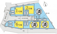 全6区画の敷地配置が一目で分かる区画図です。それぞれの区画に駐車スペースが確保されています。道路幅や接道状況も図面でご確認いただけます。開放感のあるレイアウトで周辺環境も考慮されています。