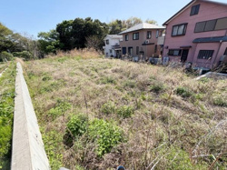 広々とした現地土地写真です。陽当たりを感じる開放的な空間が広がっています。両隣に住宅が並び周囲の雰囲気もよくわかる写真です。周辺には木々があり自然も感じられる環境が魅力です。