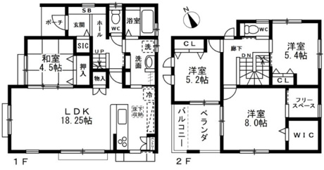 18.25帖の広々LDK＋和室！2階主寝室にはリモートワークにも使えるフリースペース＆WIC付き。