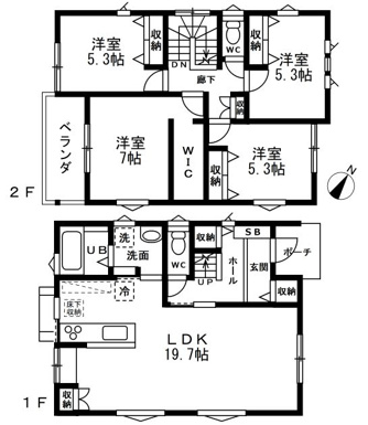 家族がゆったりと寛げる19.7帖の広々としたLDKを配置。対面キッチンからはリビング全体が見渡せます