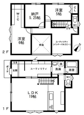 LDK19帖の大空間とユーティリティが完備され天候を気にせず洗濯物を干せる家事効率の良い間取りです。