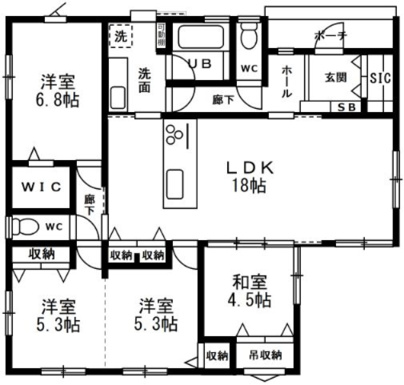 平屋でもゆとりある4LDK。キッチンから洗面室、廊下へ繋がる効率的な水回り動線が家事負担を軽減。