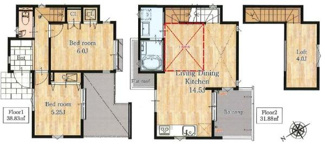 ゆとりあるリビングダイニングキッチンが特徴的です。ベッドルームが2部屋設けられており使い勝手の幅が広がります。ロフトもあり収納や趣味のスペースとして活用できます。