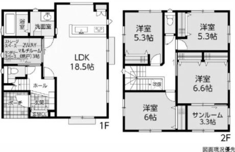2WAYマルチルーム＆サンルームのあるゆとりの4LDK。LDKは広く家族が自然と集まる開放的な空間。