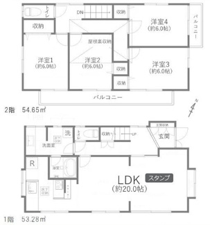 各部屋がゆったりとした広さで快適なレイアウトが魅力です。屋根裏収納やバルコニーも備わっており収納力や利便性も感じられます。LDKが約20帖あり開放的な空間が広がります。