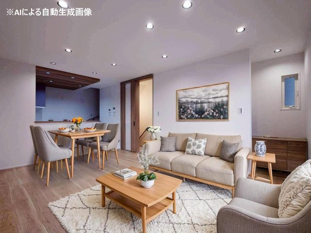 ※家具はCGです　約16帖の広々としたLDKを配置しました。家族みんながゆったりと過ごせる憩いの空間♪浴室や洗面などの水回りを1階に集約した効率的な設計。帰宅後の手洗いや入浴がスムーズに行える動線！