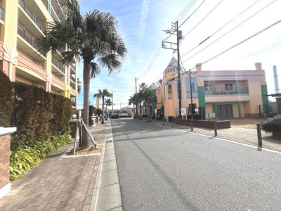 ヤシの木が並び明るく開放的な雰囲気を感じられる通りです。歩道がしっかり整備されており快適な歩行が可能です。マンションや建物の色使いも個性的で街並みが印象的です。