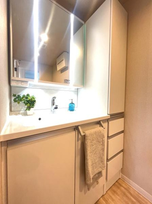 清潔感のある洗面台で収納スペースが充実しているのが特徴です。大きな鏡が設置されており身支度がしやすい空間となっています。カウンター上のスペースも広く使い勝手にも配慮されています。